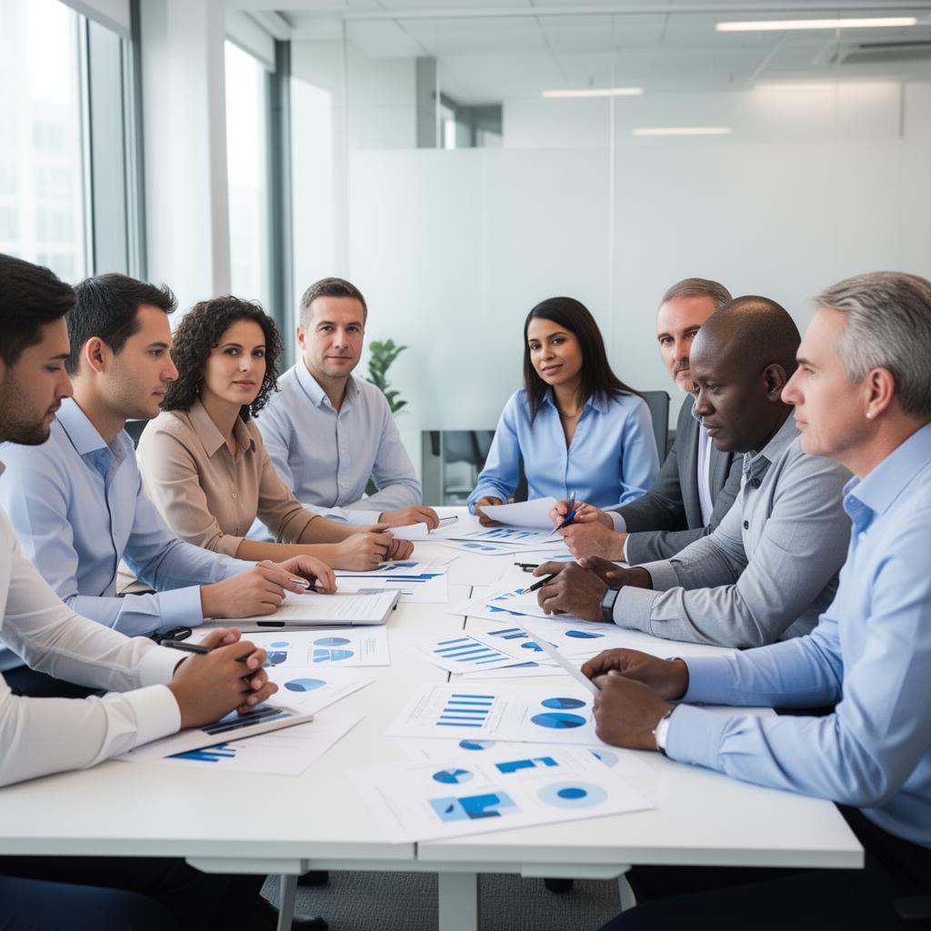 Equipe executiva diversa da ProfitUp em reunião estratégica analisando relatórios